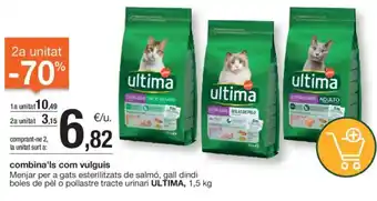 BonpreuEsclat ULTIMA Menjar per a gats esterilitzats de salmó, gall dindi boles de pèl o pollastre tracte urinari oferta
