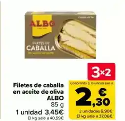 Carrefour ALBO Filetes de caballa Comprando 3, la unidad sale a en aceite de oliva oferta