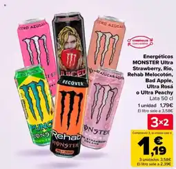 Carrefour MONSTER Energéticos Ultra Strawberry, Rio, Rehab Melocotón, Bad Apple, Ultra Rosá oferta
