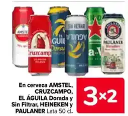 Carrefour AMSTEL, CRUZCAMPO, EL ÁGUILA HEINEKEN y PAULANER En cerveza Dorada Sin Filtrar, oferta