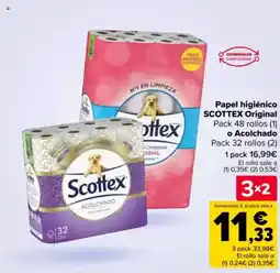 Carrefour SCOTTEX Papel higiénico Original Pack 48 rollos o Acolchado Pack 32 rollos oferta