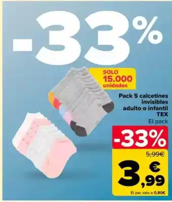 Carrefour TEX Pack 5 calcetines invisibles adulto o infantil oferta