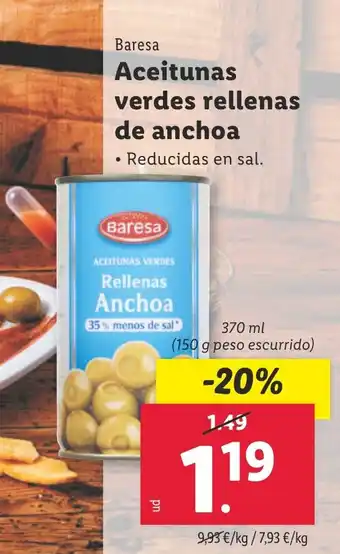 Lidl BARESA Aceitunas verdes rellenas de anchoa oferta