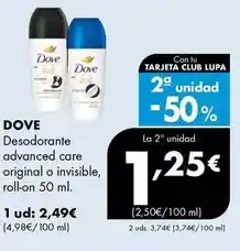 Supermercados Lupa Dove - desodorante advanced care original o invisible, roll-on oferta
