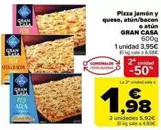 Carrefour Gran casa - pizza jamón y queso, atun/bacon o atun oferta