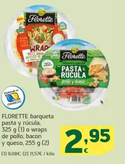 HiperDino FLORETTE barqueta pasta y rúcula, o wraps de pollo, bacon y queso oferta