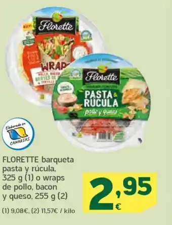HiperDino FLORETTE barqueta pasta y rúcula, o wraps de pollo, bacon y queso oferta