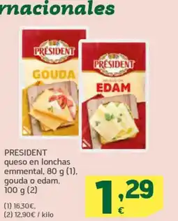 HiperDino PRÉSIDENT queso en lonchas emmental, 80 g (1), gouda o edam, oferta