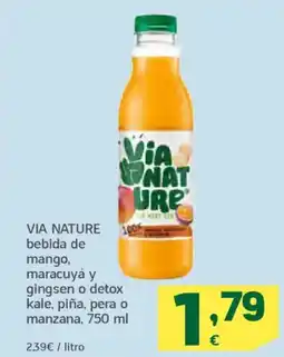 HiperDino VIA NATURE bebida de mango, maracuyá y gingsen o detox kale, piña, pera o manzana oferta