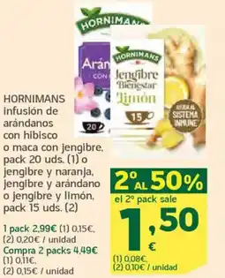 HiperDino HORNIMANS infusión de arándanos con hibisco o maca con jengibre, jengibre y naranja, jengibre y arándano o jengibre y limón, oferta