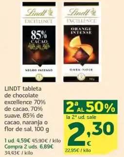 HiperDino LINDT tableta de chocolate excellence 70% de cacao, 70% suave, 85% de cacao, naranja o flor de sal, oferta