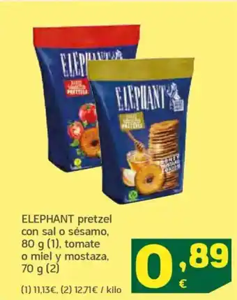 HiperDino ELEPHANT pretzel con sal o sésamo tomate o miel y mostaza, oferta