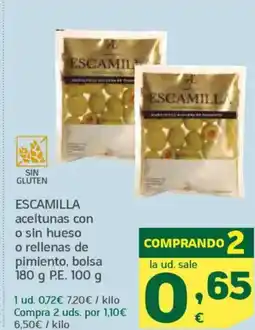 HiperDino ESCAMILLA aceitunas con o sin hueso o rellenas de pimiento, bolsa oferta