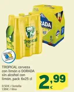 HiperDino Tropical cerveza con limón o dorada sin alcohol con limón oferta