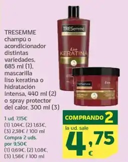 HiperDino TRESEMME champú o acondicionador distintas variedades mascarilla liso keratina o hidratación oferta