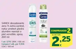 HiperDino SANEX desodorante zero % extra control, natur protect piedra alumbre normal o piel sensible, spray oferta