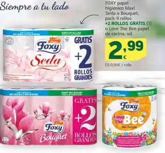 HiperDino FOXY papel higiénico Maxi Seda o Bouquet, pack 4 rollos oferta
