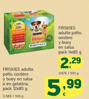HiperDino FRISKIES adulto pollo, cordero y buey en salsa, oferta