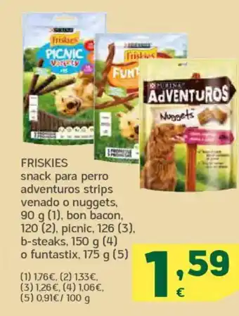 HiperDino FRISKIES snack para perro adventuros strips venado o nuggets, bon bacon picnic b-steak o funtastix oferta