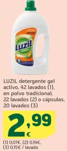 HiperDino LUZIL detergente gel activo, 42 lavados en polvo tradicional, 22 lavados o cápsulas, 20 lavados oferta