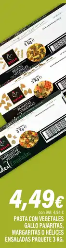 Cash Ifa GALLO Pasta con vegetales pajaritas, margaritas o hélices ensaladas paquete oferta