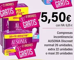 Cash Ifa AUSONIA Compresas incontinencia Discreet normal 26 unidades, extra 22 unidades o maxi 20 unidades oferta