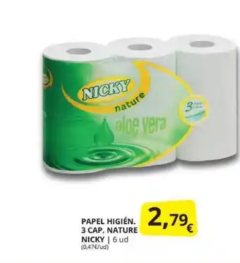 Supermercados MAS Nicky Papel Higién. 3 Cap. Nature 6ud oferta