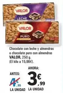 E.Leclerc Valor - chocolate con leche y almendras o chocolate puro con almendras oferta