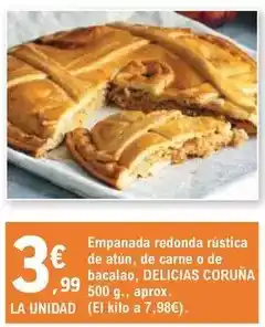 E.Leclerc Delicias - empanada redonda rústica de atún, de carne o de bacalao oferta