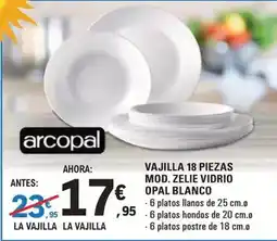 E.Leclerc Arcopal - vajilla 18 piezas mod. zelie vidrio opal blanco oferta