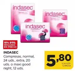 Alimerka Indasec - compresas, normal, 24 uds., extra, 20 uds. o maxi good night oferta
