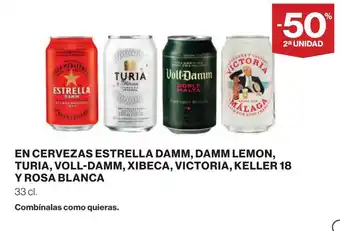 Supercor En cervezas estrella damm, damm lemon, turia, voll-damm, xibeca, victoria, keller 18 y rosa blanca oferta