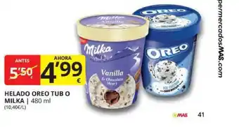 Supermercados MAS Helado Oreo Tub O Milka 480ml oferta