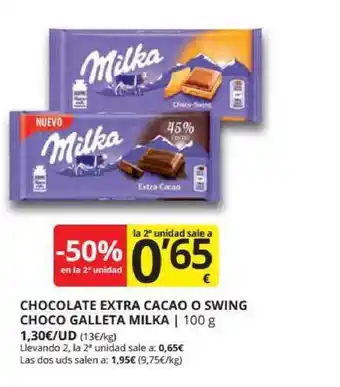 Supermercados MAS Chocolate Extra Cacao O Swing Choco Galleta Milka 100g oferta