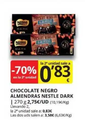 Supermercados MAS Chocolate Negro Almendras Nestle Dark 270g oferta