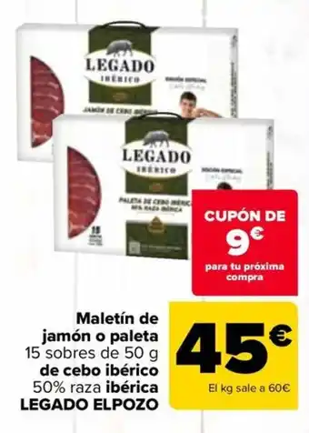Carrefour LEGADO ELPOZO Maletín de jamón o paleta 15 sobres de de cebo ibérico 50% raza ibérica oferta