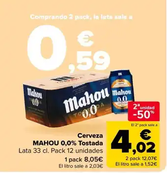 Carrefour MAHOU 0,0% Cerveza Tostada oferta