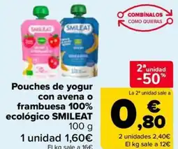 Carrefour SMILEAT Pouches de yogur con avena o frambuesa 100% ecológico oferta