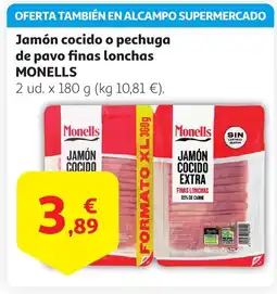 Alcampo MONELLS Jamón cocido o pechuga de pavo finas lonchas oferta