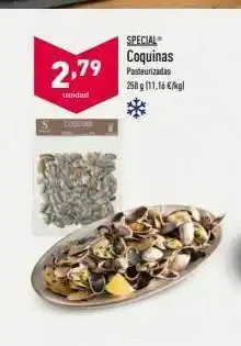 ALDI 2,79 special coquinas pasteurizados 250 g11,16 € unidad coque oferta