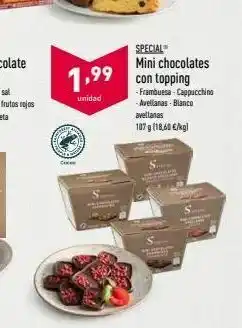 ALDI 1.99 special mini chocolates con topping - frambuesa - cappuccino - avellanas blanco avellanas 107g (18.60 eg unidad see oferta
