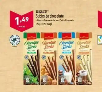ALDI 1,49 scholetta sticks de chocolate -menta - crema de leche - caté-caramelo 125 g/11,92 g unidad ng coco chocolate chocol oferta