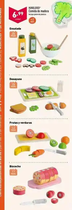 ALDI Mundo diver comida de madera incluye piezas de plástico 6,99 unidad anos ensalada 25 piezas desayuno 15 piezas frutas oferta