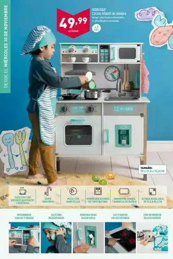 ALDI Mundo diver cocina infantil de madera incluye 2 pilas al para la vitroceramica 2 pilas ada para el microondet 49,99 unidad oferta