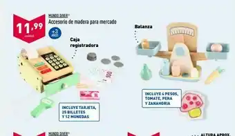 ALDI Mundo diver accesorio de madera para mercado 11,99 balanza +3 anos unidad caja registradora ceea incluye 4 pesos, toma oferta