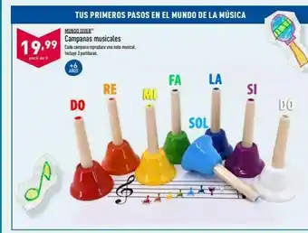 ALDI 19.99 pack de 8 tus primeros pasos en el mundo de la música mundo diver campanas musicales cada campana reproduce una nota oferta