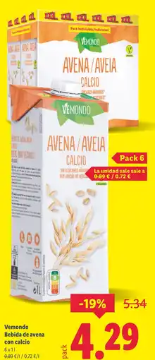 Lidl VEMONDO Bebida de avena con calcio oferta