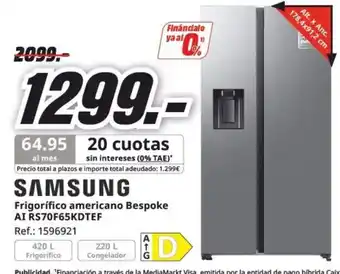MediaMarkt SAMSUNG Frigorífico americano Bespoke AI RS70F65KDTEF oferta