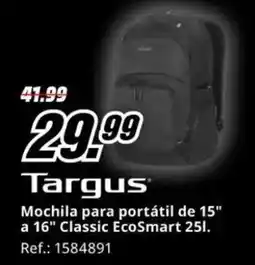 MediaMarkt TARGUS Mochila para portátil de 15" a 16" Classic EcoSmart 251 oferta