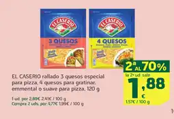 HiperDino EL CASERIO rallado 3 quesos especial para pizza, 4 quesos para gratinar, emmental o suave para pizza oferta